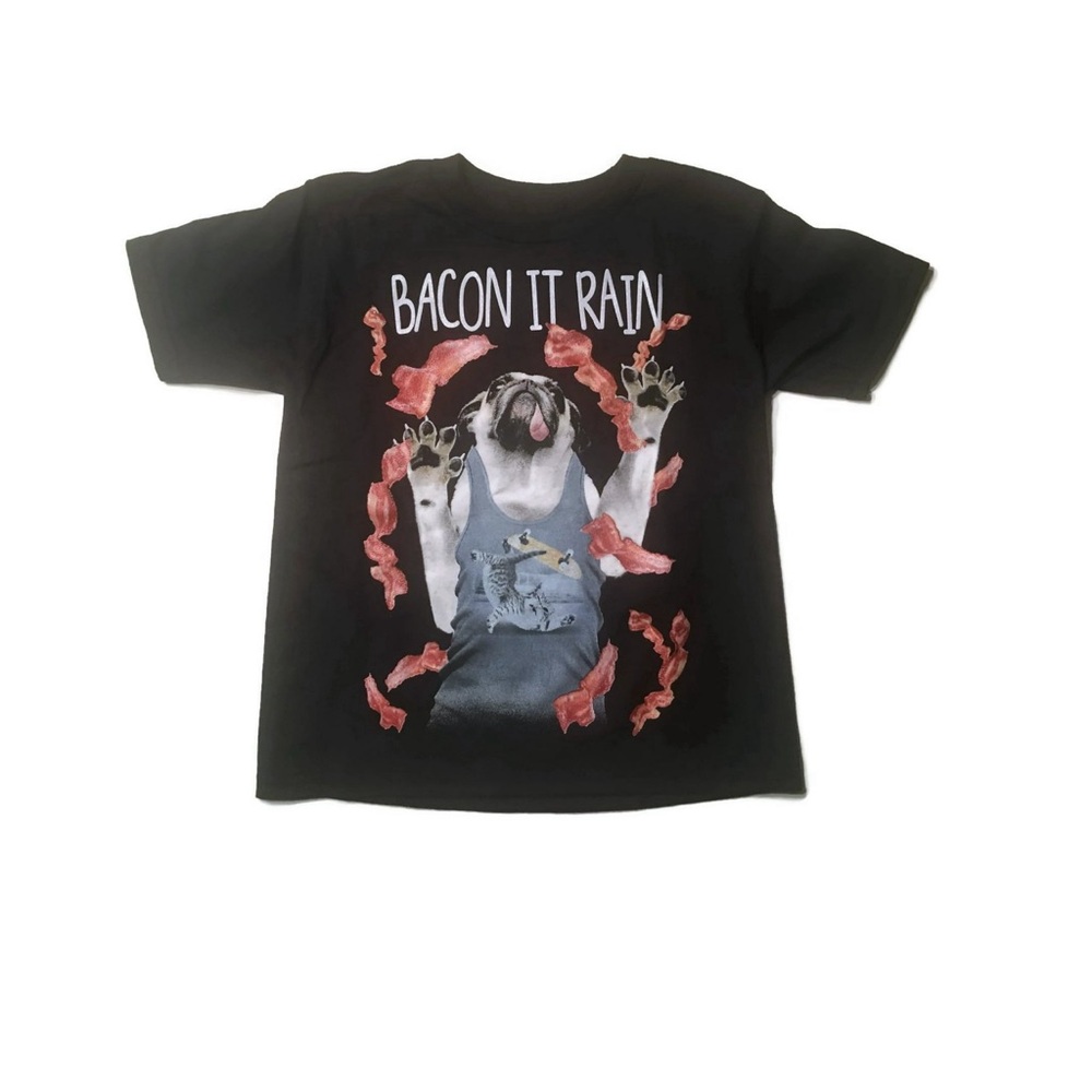 Bacon It Rain Pug Boys' Cotton Short Sleeve Dog Graphic Tee Black Sz XL